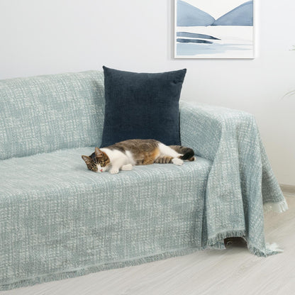 PureCot Premium Pamuklu Püsküllü Koltuk Örtüsü 180x220 Çift Taraflı Terletmez Kaymaz , Mavi