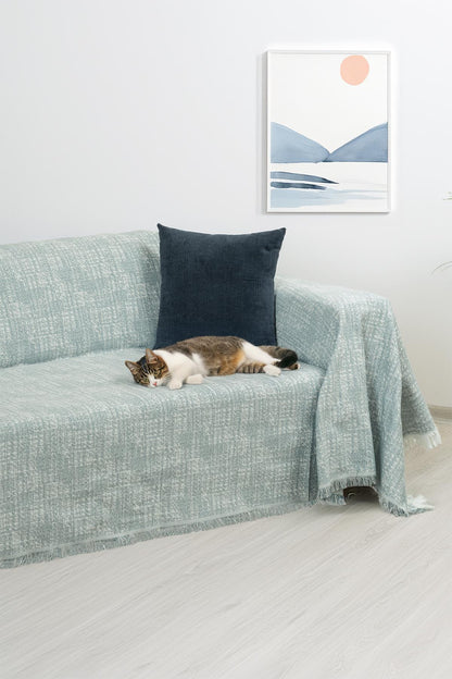 PureCot Premium Pamuklu Püsküllü Koltuk Örtüsü 180x220 Çift Taraflı Terletmez Kaymaz , Mavi