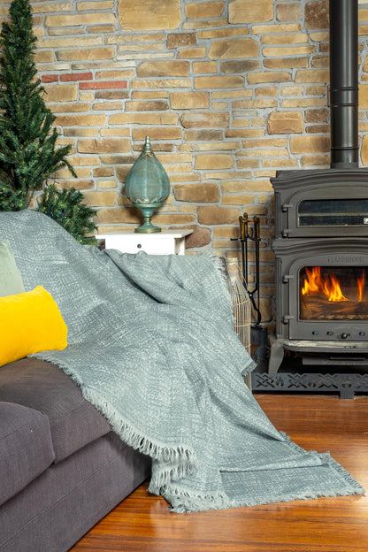 PureCot Premium Pamuklu Püsküllü Koltuk Örtüsü 180x220 Çift Taraflı Terletmez Kaymaz , Mavi