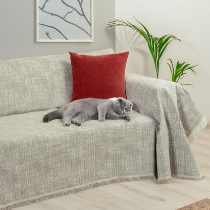 PureCot Premium Pamuklu Püsküllü Koltuk Örtüsü 180x300 Large Çift Taraflı Terletmez Kaymaz AçıkKahve