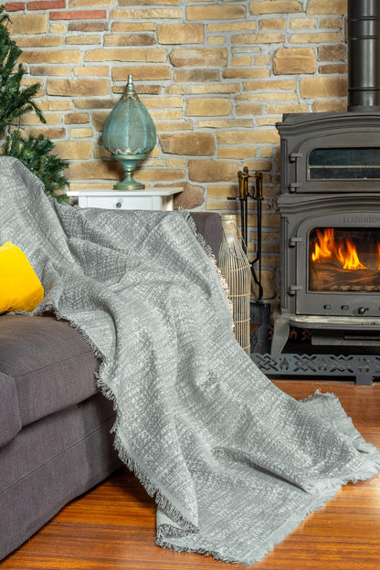 PureCot Premium Pamuklu Püsküllü Koltuk Örtüsü 180x300 Large Çift Taraflı Terletmez Kaymaz Antrasit