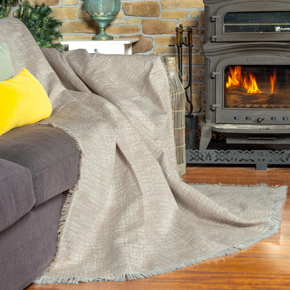 PureCot Premium Pamuklu Püsküllü Koltuk Örtüsü 180x300 Large Çift Taraflı Terletmez Kaymaz , Bej