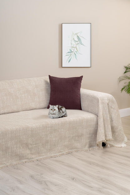 PureCot Premium Pamuklu Püsküllü Koltuk Örtüsü 180x300 Large Çift Taraflı Terletmez Kaymaz , Bej