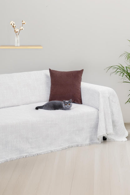 PureCot Premium Pamuklu Püsküllü Koltuk Örtüsü 180x300 Large Çift Taraflı Terletmez Kaymaz , Gri