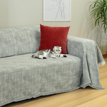 PureCot Premium Pamuklu Püsküllü Koltuk Örtüsü 180x300 Large Çift Taraflı Terletmez Kaymaz , Haki