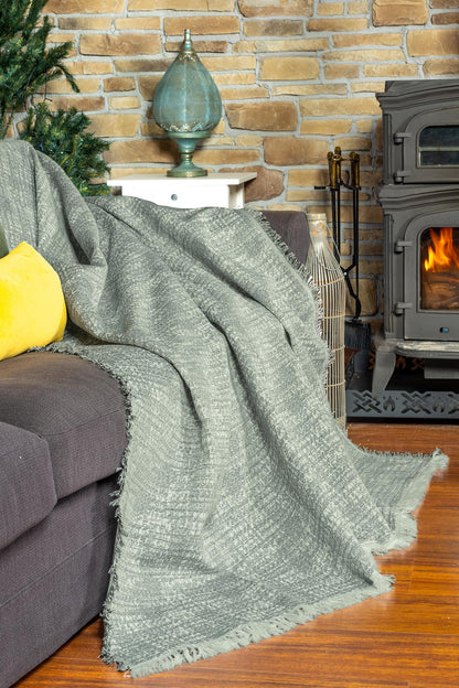 PureCot Premium Pamuklu Püsküllü Koltuk Örtüsü 180x300 Large Çift Taraflı Terletmez Kaymaz , Haki