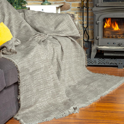 PureCot Premium Pamuklu Püsküllü Koltuk Örtüsü 180x300 Large Çift Taraflı Terletmez Kaymaz , Kahve