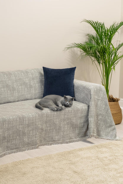 PureCot Premium Pamuklu Püsküllü Koltuk Örtüsü 180x300 Large Çift Taraflı Terletmez Kaymaz , Kahve