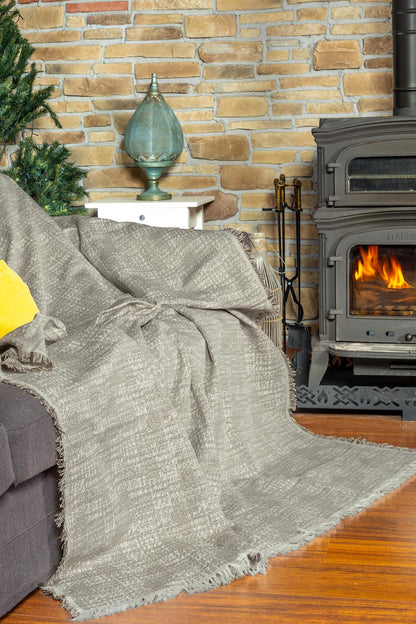 PureCot Premium Pamuklu Püsküllü Koltuk Örtüsü 180x300 Large Çift Taraflı Terletmez Kaymaz , Kahve