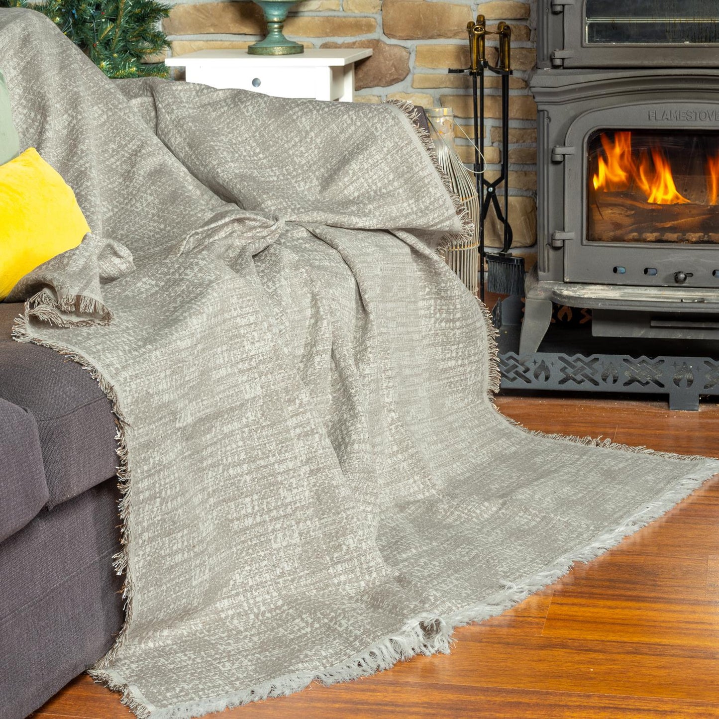 PureCot Premium Pamuklu Püsküllü Koltuk Örtüsü 180x300 Large Çift Taraflı Terletmez Kaymaz , Kahve