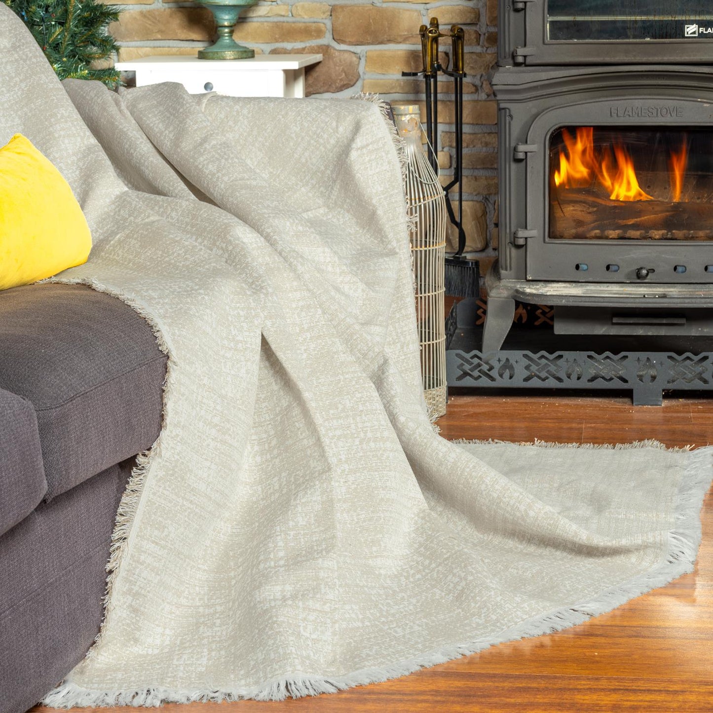 PureCot Premium Pamuklu Püsküllü Koltuk Örtüsü 180x300 Large Çift Taraflı Terletmez Kaymaz , Krem