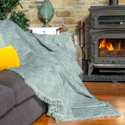 PureCot Premium Pamuklu Püsküllü Koltuk Örtüsü 180x300 Large Çift Taraflı Terletmez Kaymaz , Mavi