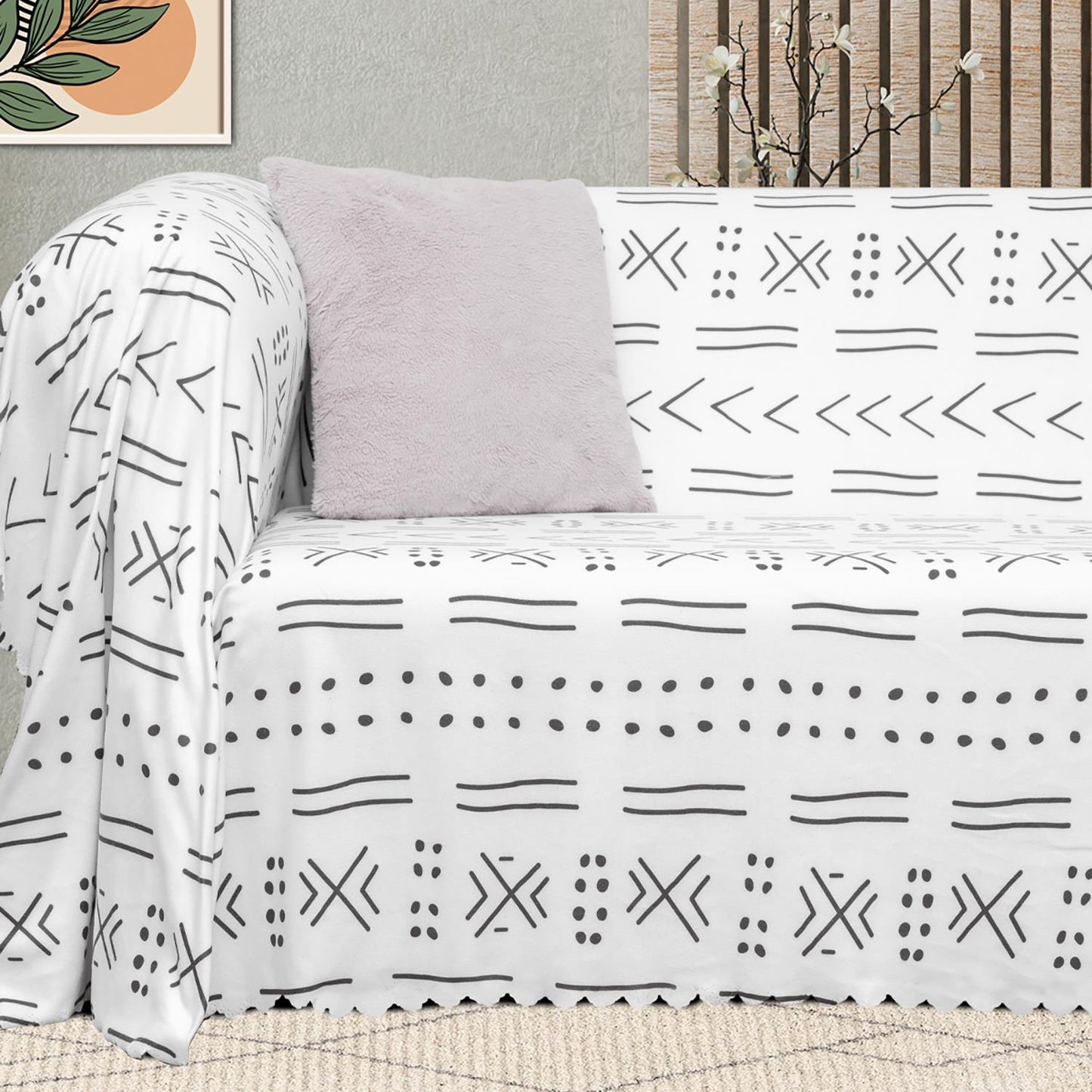 SoftMicro Etnik Desenli Boho 130x180 cm  Koltuk Örtüsü Şalı, Kanepe Örtüsü, Tv Battaniyesi Siyah Beyaz