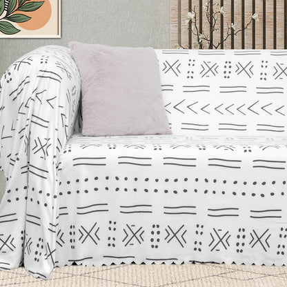 SoftMicro Etnik Desenli Boho 180x300 cm  Koltuk Örtüsü Şalı, Kanepe Örtüsü, Tv Battaniyesi Siyah Beyaz