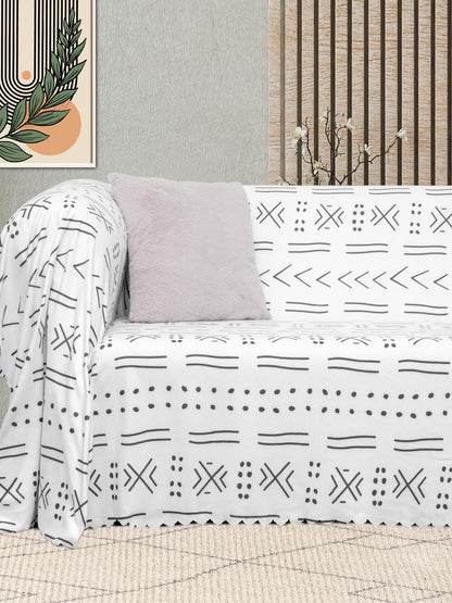 SoftMicro Etnik Desenli Boho 180x220 cm  Koltuk Örtüsü Şalı, Kanepe Örtüsü, Tv Battaniyesi Siyah Beyaz