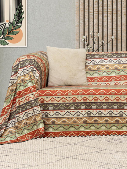 SoftMicro Etnik Desenli Boho 130x180 cm Koltuk Örtüsü Şalı, Kanepe Örtüsü, Tv Battaniyesi Doğal Renk