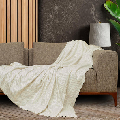 SoftMicro İskandinav Desenli Boho 180x220 cm Koltuk Örtüsü Şalı, Kanepe Örtüsü, Tv Battaniyesi Krem