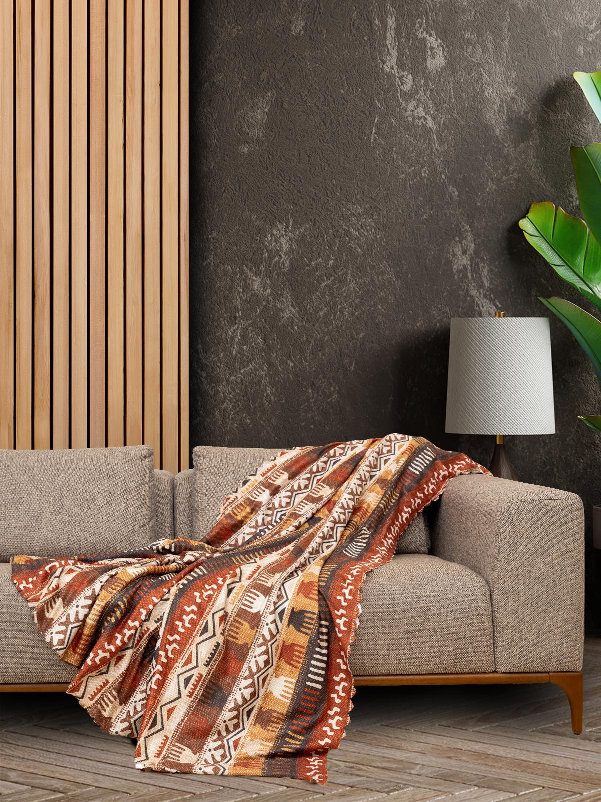 SoftMicro Etnik Desenli Boho 130x180 cm Koltuk Örtüsü Şalı, Kanepe Örtüsü, Tv Battaniyesi Toprak