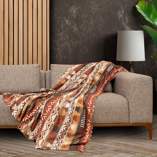 SoftMicro Etnik Desenli Boho 180x300 cm Koltuk Örtüsü Şalı, Kanepe Örtüsü, Tv Battaniyesi Toprak