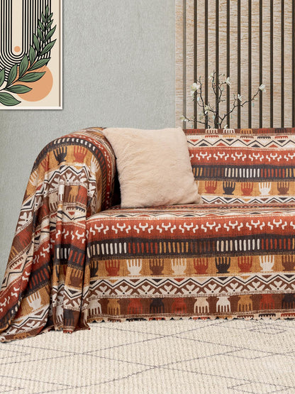 SoftMicro Etnik Desenli Boho 180x300 cm Koltuk Örtüsü Şalı, Kanepe Örtüsü, Tv Battaniyesi Toprak