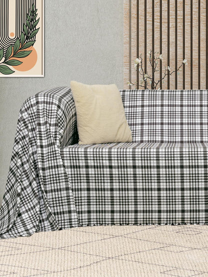 SoftMicro Kazayağı Desenli 180x220 cm Koltuk Örtüsü Şalı, Kanepe Örtüsü, Tv Battaniyesi Siyah Beyaz