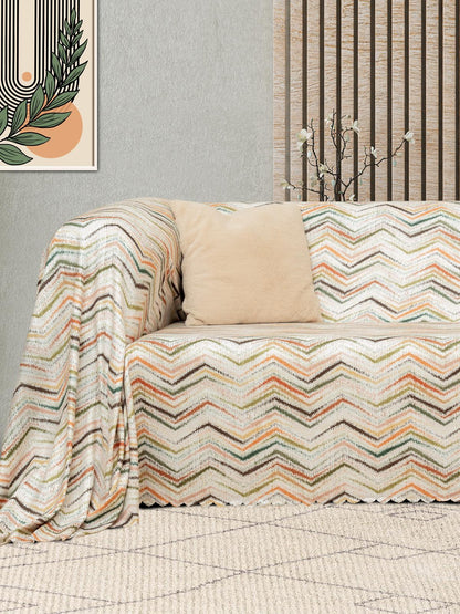 SoftMicro Zikzak Desenli 180x220 cm  Koltuk Örtüsü Şalı , Kanepe Örtüsü, Tv Battaniyesi Krem