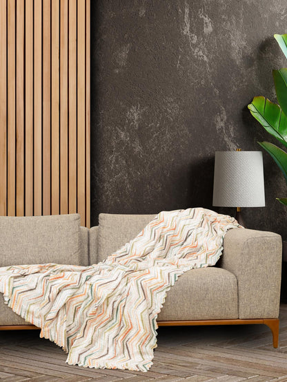 SoftMicro Zikzak Desenli180x300 cm  Koltuk Örtüsü Şalı, Kanepe Örtüsü, Tv Battaniyesi  Krem