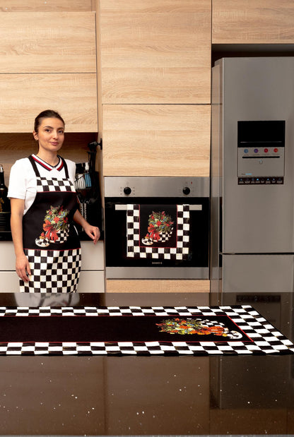 Mackenzie Dama Desenli 3'lü Mutfak Seti - Runner, Fırın Örtüsü ve Mutfak Önlüğü HEDİYELİK-LTD368