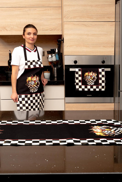 Mackenzie Kabak Desenli 3'lü  Mutfak Seti - Runner, Fırın Örtüsü ve Mutfak Önlüğü HEDİYELİK- LTD379